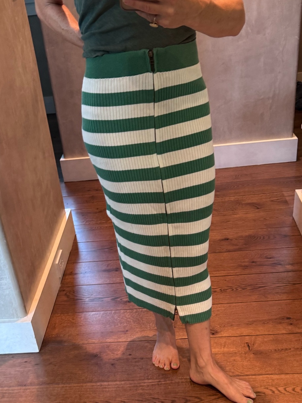 Striped Green and White Knit Midi Skirt